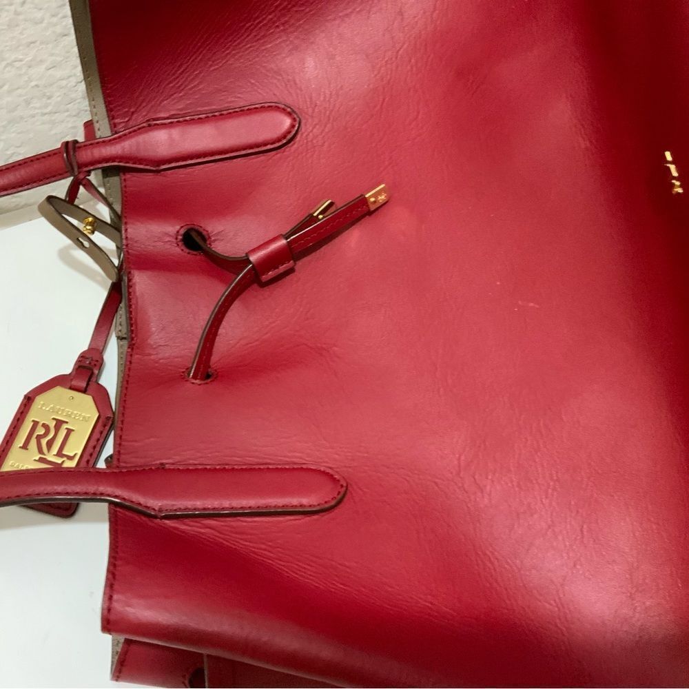 Ralph Lauren Red Leather Tote drawstring open top - Picture 8 of 11